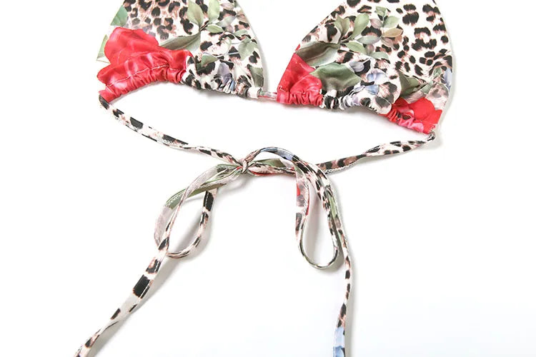 Summer Flower Leopard Print 3-Piece Set Women Halter Bra+Strap Shorts+Folds Skirts Skinny Sexy Beach Party Matching Suits