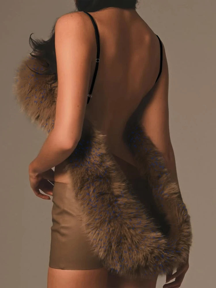 Hipster Sexy 2-Piece Set Women Fur Backless Camisole+Zip Peach Hip Pu Skirt Matching Skinny Clubwear Luxury Wild Outfits