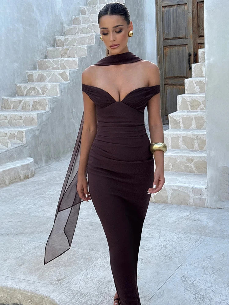 Scarf Collar Off-shoulder Sexy Maxi Dress Women Gown Fashion With Sleeve Strapless Backless Club Party Long Dresses