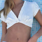 Women Sexy Ruffle Trim Deep V Neck Crop Top Short Sleeve Single Button Y2K Coquette Beach Vacation Tank Top Clubwear