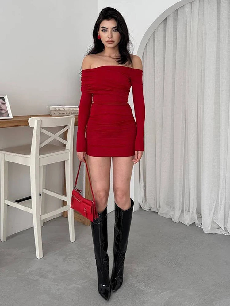 Fashion Classic Dress Women Christmas Slash Neck Full Sleeve Cross Ruched High Stretch Elegant Peach Hip Party Clubwear