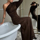 One Shoulder Long Sleeve Maxi Dress Brown Black Dresses Woman Elegant Fall Clothes 2025