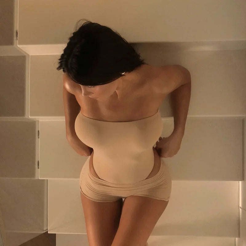 Women Strapless Tube Bodysuit and Shorts Two Piece Set Solid Color Seamless Bodycon Outfit Sexy Summer Loungewear