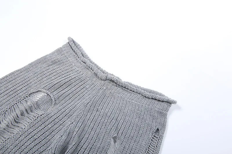 Low Rise Flare Pants Streetwear Trendy Hollow Hole Knitted Slim Trousers Women See Through Clothes