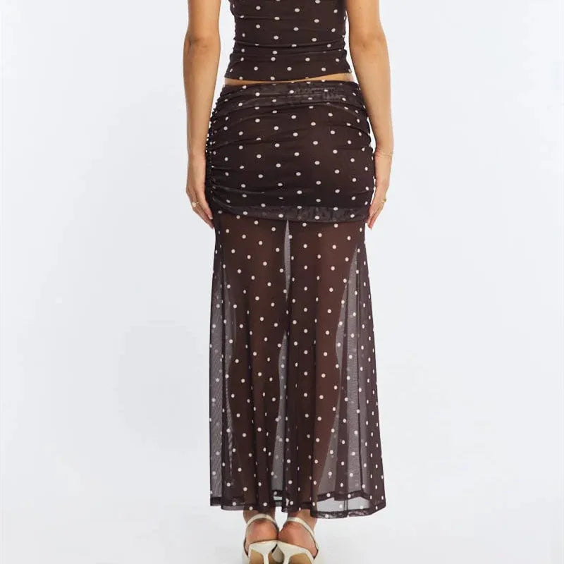 Women Polka Dot Mesh Maxi Skirt High Waist Side Ruched Double Layer See Through Mermaid Bodycon Long Skirt Night Club