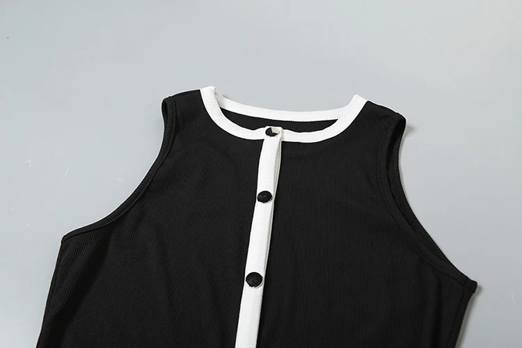 Classic Fad Ribbed 2 Piece Set Women Patchwork Single-Breasted Sleeveless Tops+Stretch Shorts Daily Casual Trend Outfits