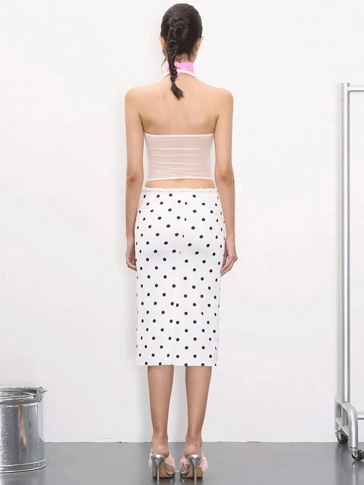 Polka Dots Print 2 Piece Set Women Halter Plait Hollow Stripe Camisole+Mid Skirts Simple Streetwear Matching Outfits