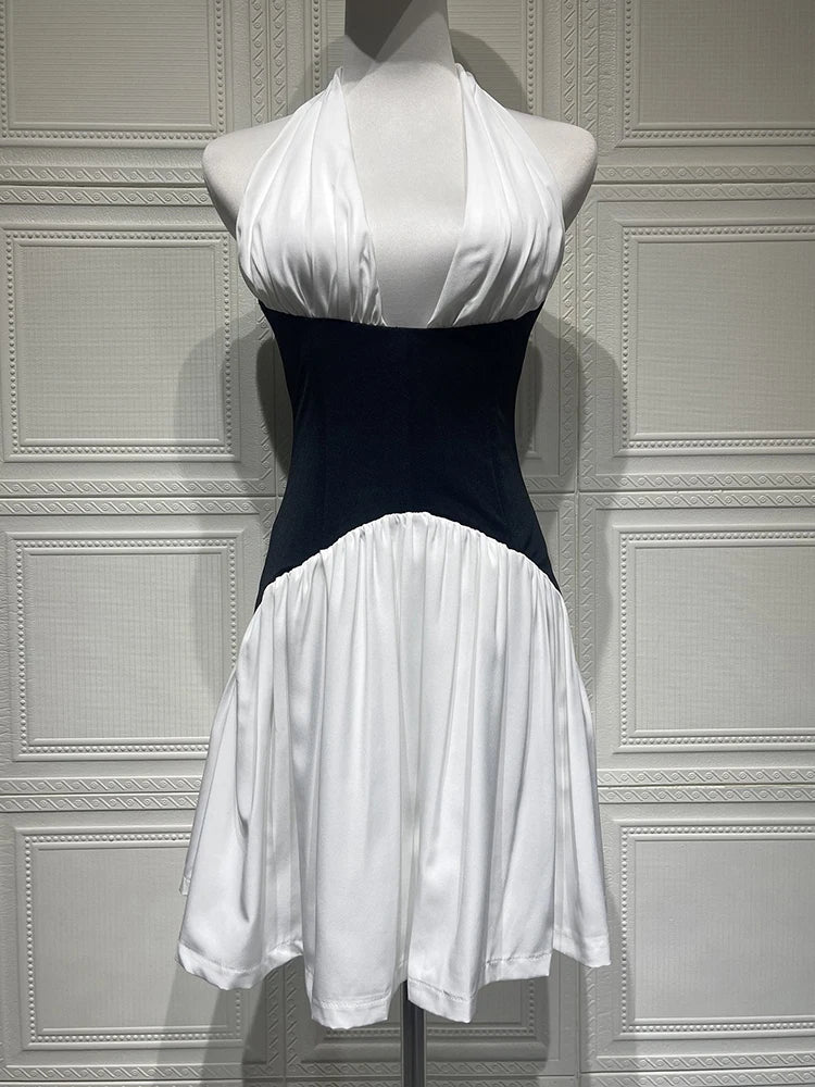 Patchwork Halter Backless Sexy Mini Dress Women Elegant Fashion V Neck Sleeveless High Waist Pleated Club Party Dresses