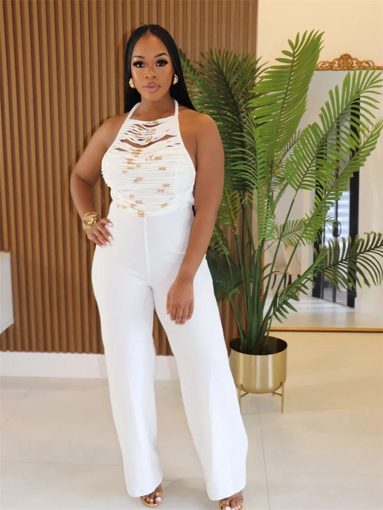 Sexy Hollow Beads Decoration Flared Jumpsuits Women Lace-Up Halter Sleeveless Backless 2025 Street New Trend Overalls