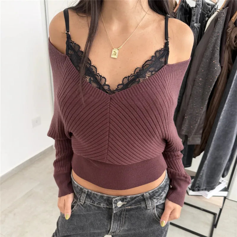 Women Off Shoulder Lace Trim Knit Top V Neck Batwing Long Sleeve Ribbed Cropped Pullover Casual Fall Streetwear Sweater