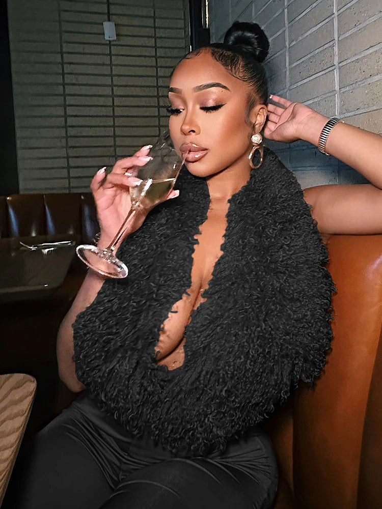 Sexy 2 Piece Set Women Tracksuit Hipster Backless Halter Furry Tank Tops+Leggings Matching Streetwear Fashion Outfits