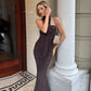Halter Backless Long Maxi Dresses for Elegant Woman Brown Mesh Party Dress