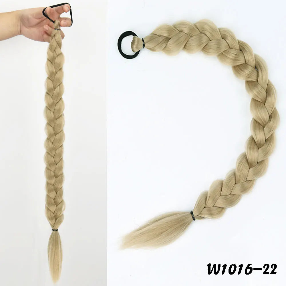 24inches Synthetic Long Braided Ponytail Hair Extensions for Women Black Brown Pony Tail with Hair Rope High Temperature Fiber