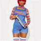 Women 2 Pcs Scary Killer Doll Costume Set Sling Jumpsuit Horror Party Cosplay
