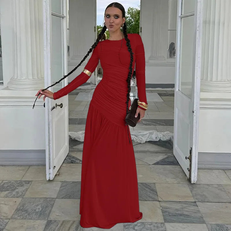 Autumn Long Sleeve Ruched Sexy Maxi Dress For Women Fashion Elegant Solid Bodycon Club Party Long Dresses Female 2025