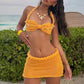 Pearls Twist Knitted Summer Beach 2 Piece Set Chic Women Strapless Halter Lace Backless Crop Tops + Bodycon Mini Skirts