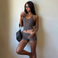 Brown Polka Dot Print 2 Piece Summer Set Halter Top and Shorts Matching Sets Woman Clothing