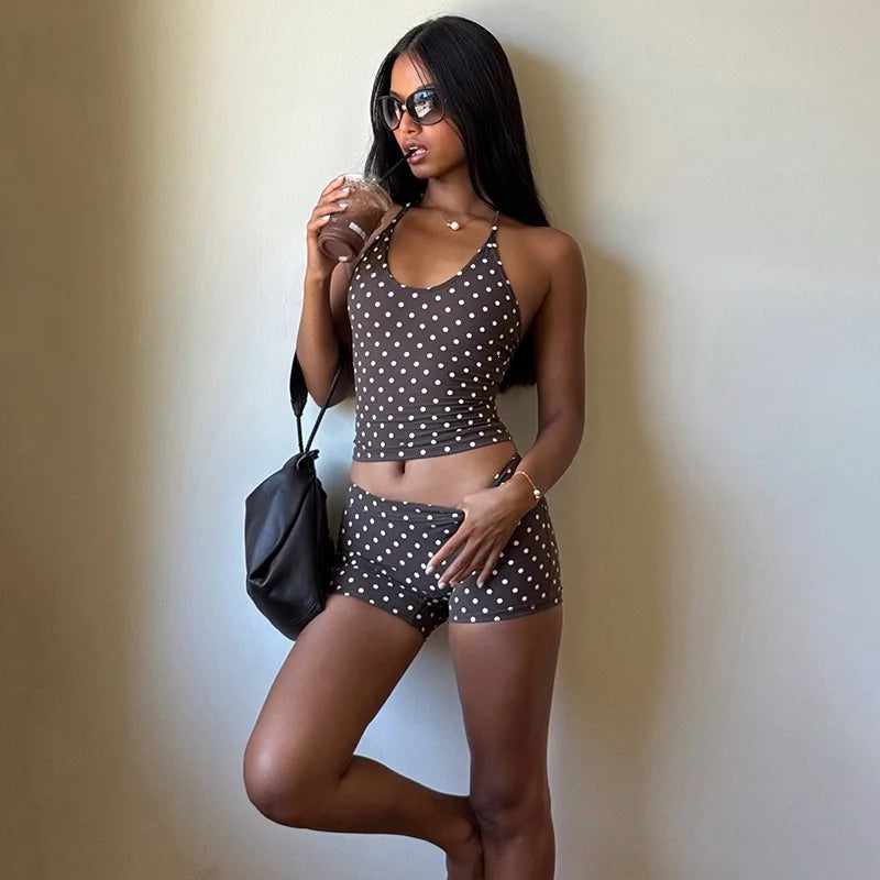 Brown Polka Dot Print 2 Piece Summer Set Halter Top and Shorts Matching Sets Woman Clothing