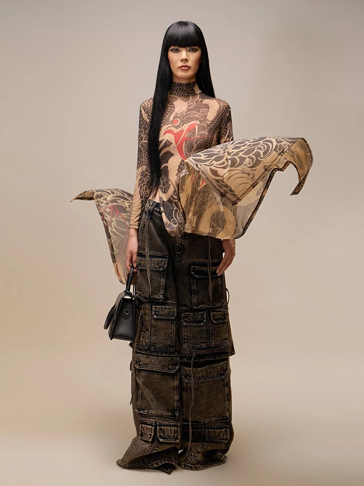 See Through Long T-Shirts Women Snake Print Turtleneck Long Sleeve High Split Elastic Sexy Coquette Skinny Club Tops