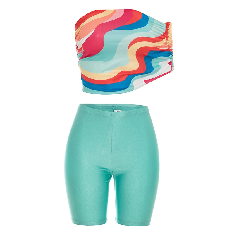 Party 2-Piece Set Women Colorful Print Folds Slash Neck Tank Tops+Simple Solid Shorts Street Summer Sexy Fashion Suits