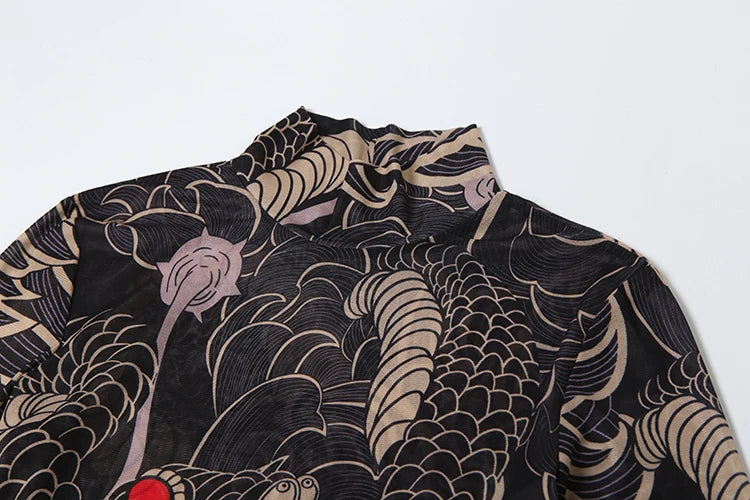 Snake Print See Through Blouse Women Half-High Neck Long Sleeves High Slits High Elasticity Street Skinny Trend Long Tops