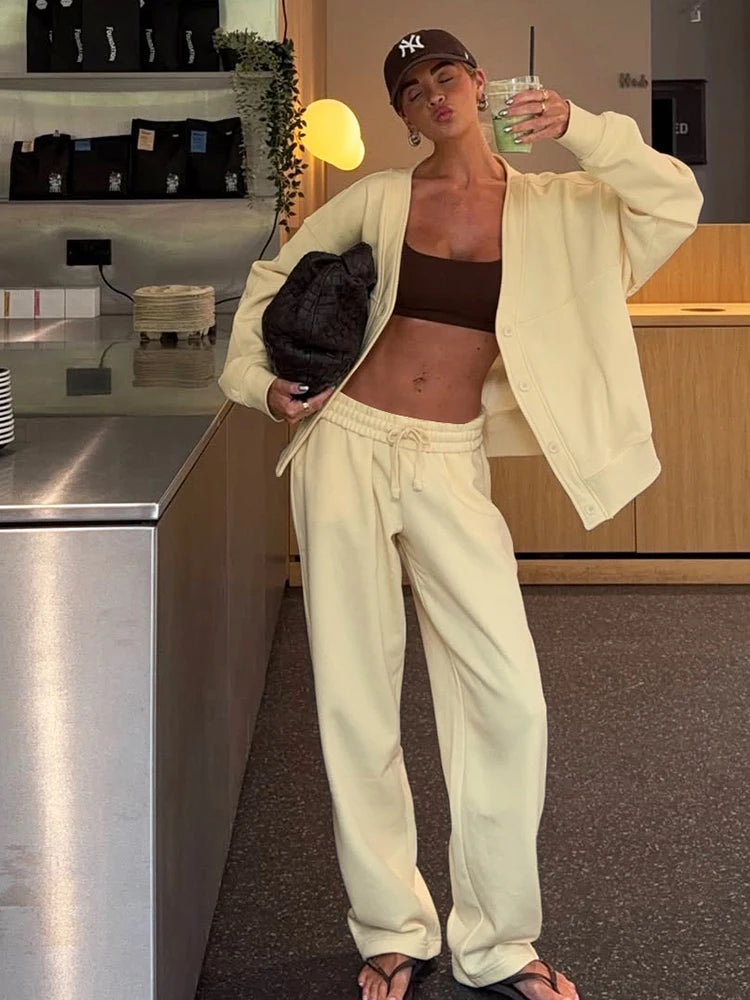 Sporty Casual Tracksuits 2 Piece Set V-Neck Single Breasted Jacket+Drawstring Pants Matching Simple Streetwear Outfits