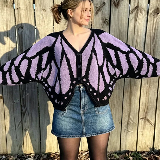 Women Butterfly Wing Knit Cardigan V Neck Batwing Sleeve Cropped Sweater Fairy Grunge Y2K Casual Winter Warm Knitwear
