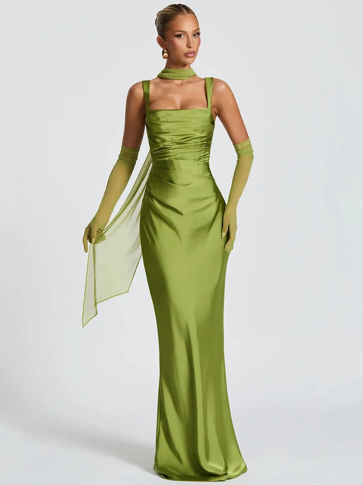 Satin Backless Sexy Maxi Dress Women Elegant Halter Off-shoulder Sleeveless Lace-up Bodycon Club Party Long Dresses