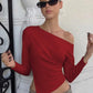 Inclined Shoulder Long Sleeve Sexy T-shirt Women Autumn Fashion Solid Skew Collar Backless Ruched Club Party T-shirts
