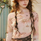 Women's Oriental Asymmetrical T-shirt with Floral Polka Dot Print, Lightweight Long Sleeve Patchwork Tee for Summer