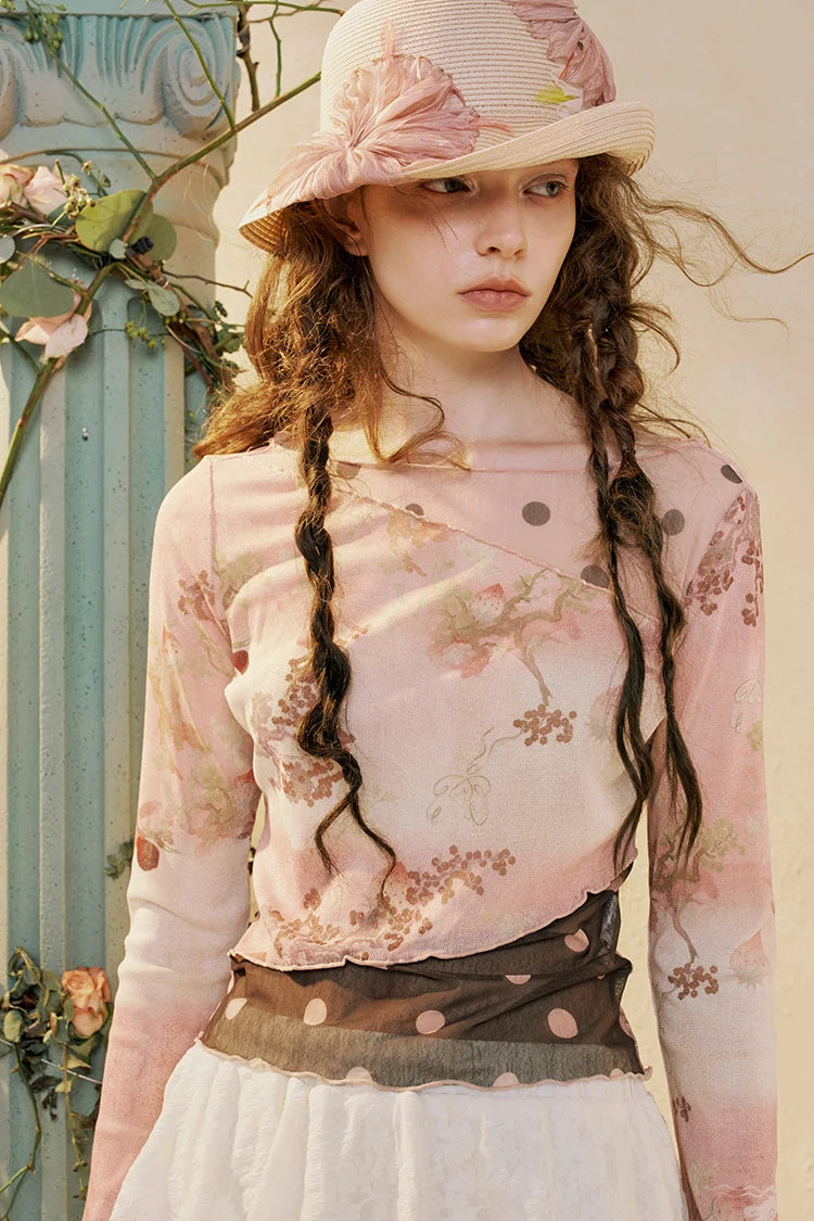 Women's Oriental Asymmetrical T-shirt with Floral Polka Dot Print, Lightweight Long Sleeve Patchwork Tee for Summer