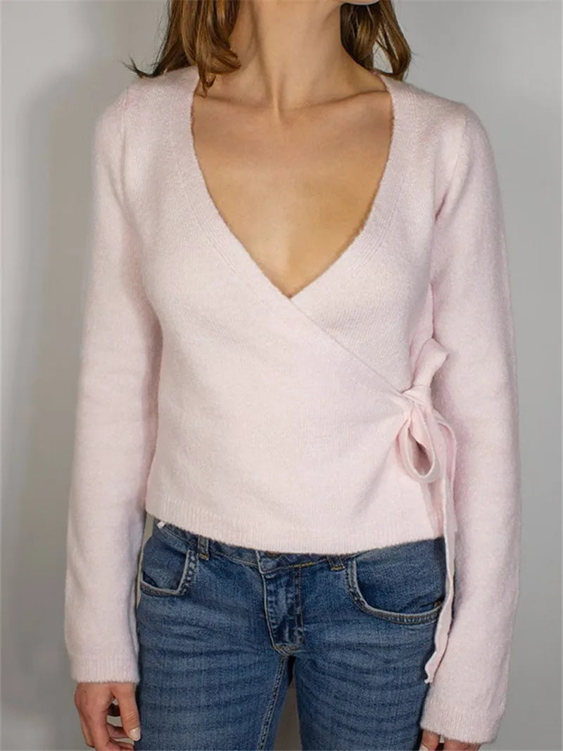 Women Y2K Wrap Cardigan Fairy V Neck Side Tie Long Sleeve Loose Fit Crop Sweater Top Preppy Fall Winter Knitwear