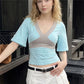 Womens Contrast Color Cross V Neck Short Sleeve Crop Tee Slim Fitted Patchwork Tshirt Summer Casual Y2K Cropped Top