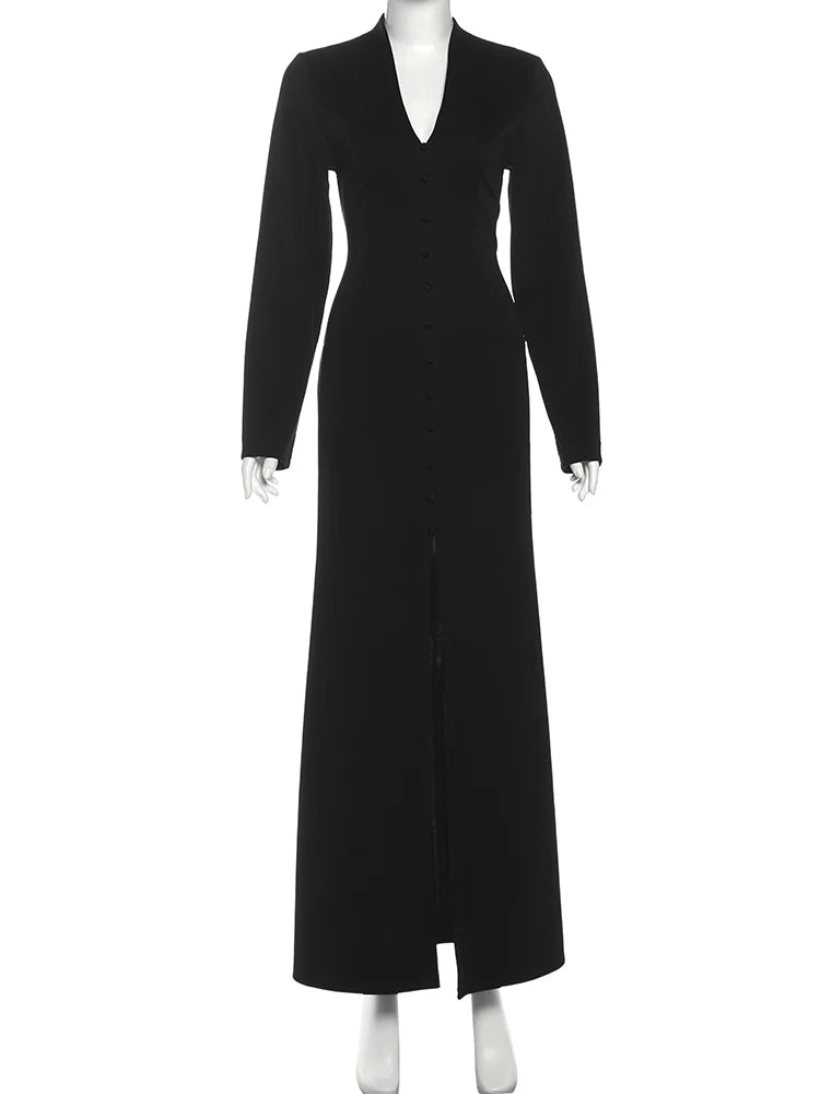 Single-Button Maxi Dress Women Front Split Full Sleeve v-Neck Elegant Classic Office Streetwear Fashion Slim Vestidos