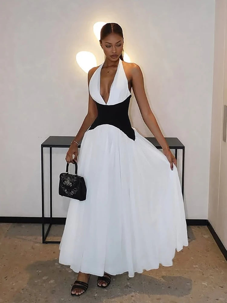 Halter Backless Dress Women Elegant Patchwork Corset Deep v-Neck Sleeveless Summer Elegan Birthday Party Vestidos