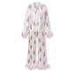 Cute Christmas Women Silky Satin Pajama Set Feather Trim Cuff Long Sleeve Lapel Top Long Pants Xmas Print Sleepwear
