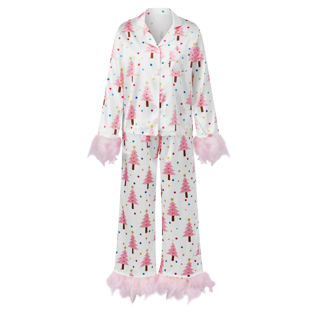 Cute Christmas Women Silky Satin Pajama Set Feather Trim Cuff Long Sleeve Lapel Top Long Pants Xmas Print Sleepwear