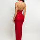Women Halter V Neck Sexy Maxi Dress 3D Floral Decor Ruched Sleeveless Backless Split Long Bodycon Evening Party Dress