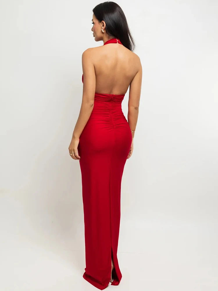 Women Halter V Neck Sexy Maxi Dress 3D Floral Decor Ruched Sleeveless Backless Split Long Bodycon Evening Party Dress