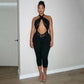 Women Halter Neck Tie Back Jumpsuit Lace Cutout Waist Bodycon Capri Pants Sleeveless Slim Club Party Night Out Outfit