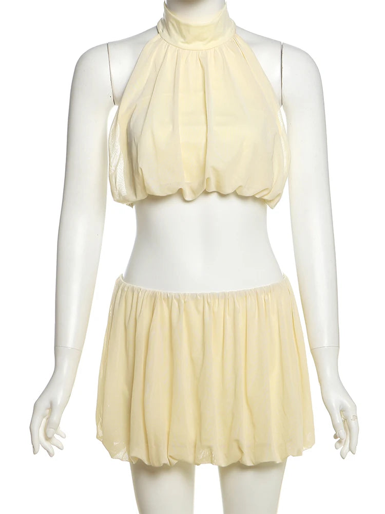 Ruched 2-Piece Set Women Halter Backless Elegant Tank Tops+Waist Skirts Solid Sexy Summer Beach Party Matching Suits