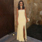 Strapless Backless Side Split Maxi Dress Yellow Elegant Summer Wedding Guest Dresses Woman