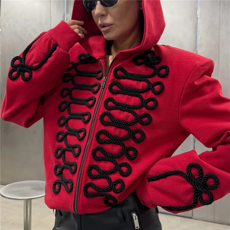 Y2K Women Structured Shoulder Zip Hoodie 3D Rope Embroidery Braid Trim Jacket Street Fashion Casual Winter Hooded Coat