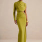 Women Draped High Neck One Long Sleeve Cutout Waist Maxi Dress Slim Backless Mermaid Formal Evening Party Dress