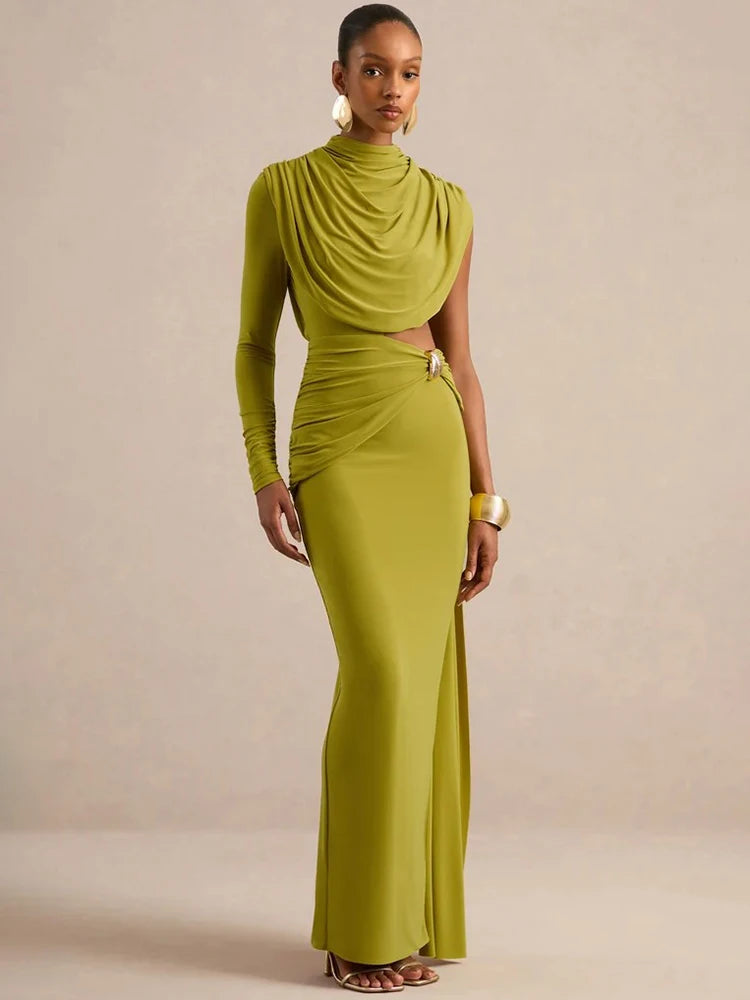 Women Draped High Neck One Long Sleeve Cutout Waist Maxi Dress Slim Backless Mermaid Formal Evening Party Dress