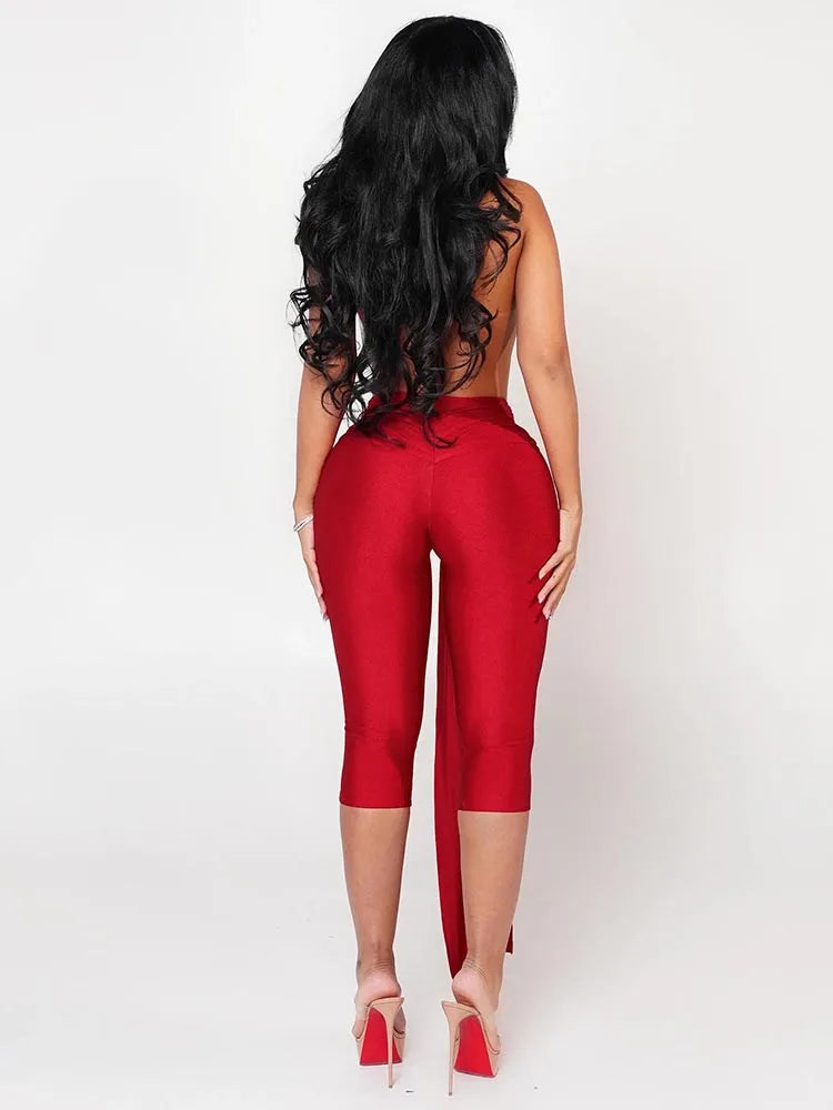 Patchwork Halter Romper Women Ribbon Sleeveless Elastic Backless Workout Activewear Midnight Activity Slim Playsuits