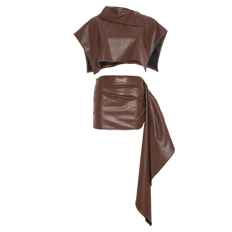 Brown Asymmetrical 2 Piece Pu Leather Skirt Set Woman Fashion Sexy Club Outfits Matching Sets