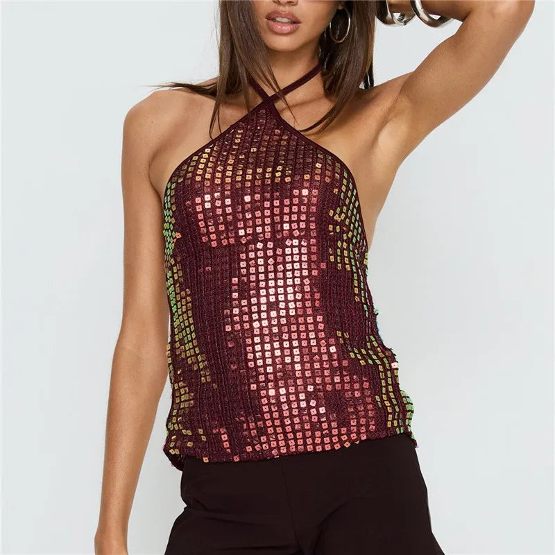 Sexy Sequin Halter Top Women Tie Back Sleeveless Open Back Glitter Crop Top For Clubwear Night Out And Music Festival