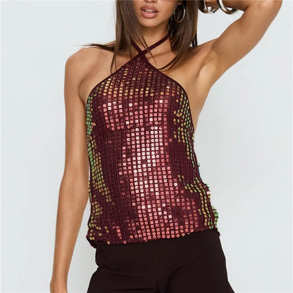 Sexy Sequin Halter Top Women Tie Back Sleeveless Open Back Glitter Crop Top For Clubwear Night Out And Music Festival