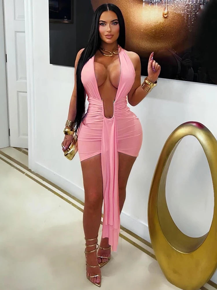 Tassel Classic Bandage Halter Dress Women u-Shaped Metal Ring Deep v-Neck Backless Sleeveless Folds Sexy Midnight Bodycon